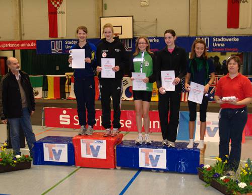 Diesmal teilte sich Nadine Platz Eins mit ihrer Dauerrivalin Rike Schöneich von der LG Ems Warendorf. Beide sprangen im Gleichschritt alle Höhen bis 1,60m ohne Fehlversuch.