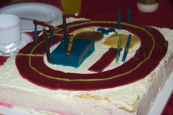 Die Mädels haben einen Torte für den Rückblick gebacken und mit Marzipan ein Stadion nachgebaut